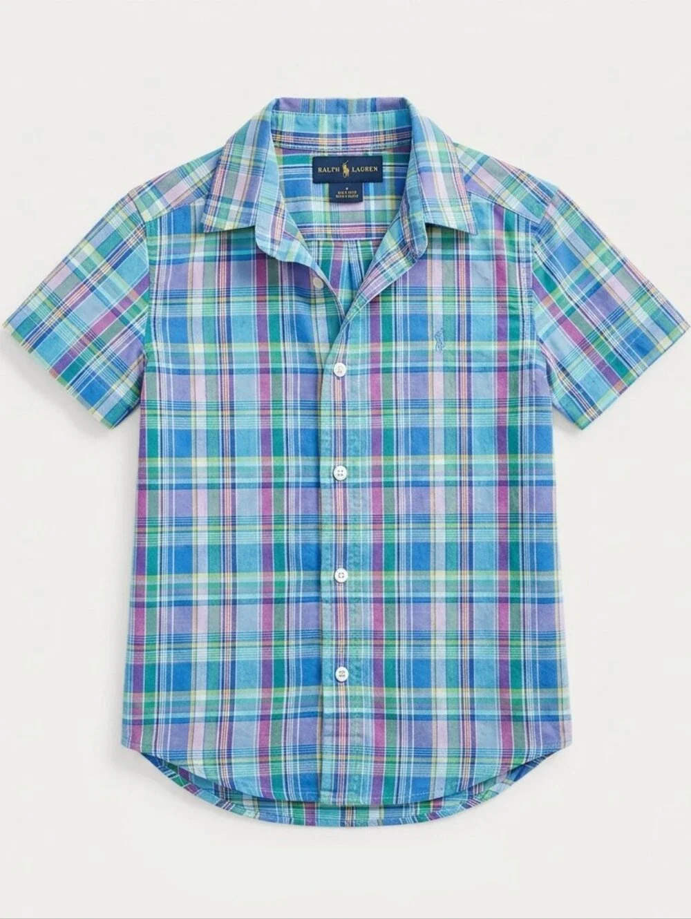 Ralph Lauren Blue, Teal & Purple Plaid Short-Sleeve Button Down Shirt